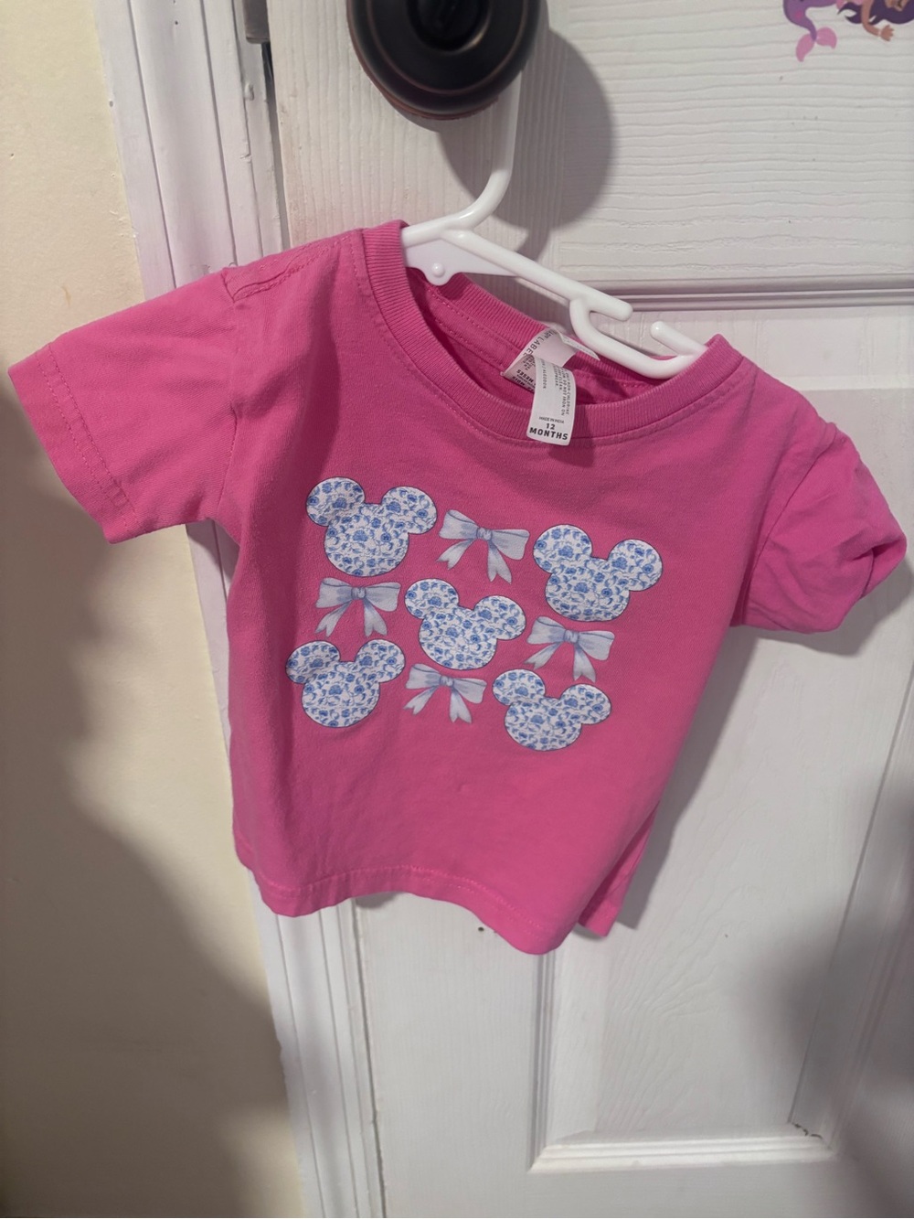 Girls' Pink Short-Sleeve Tee with Blue Floral Mickey Heads - Picture 1 of 2